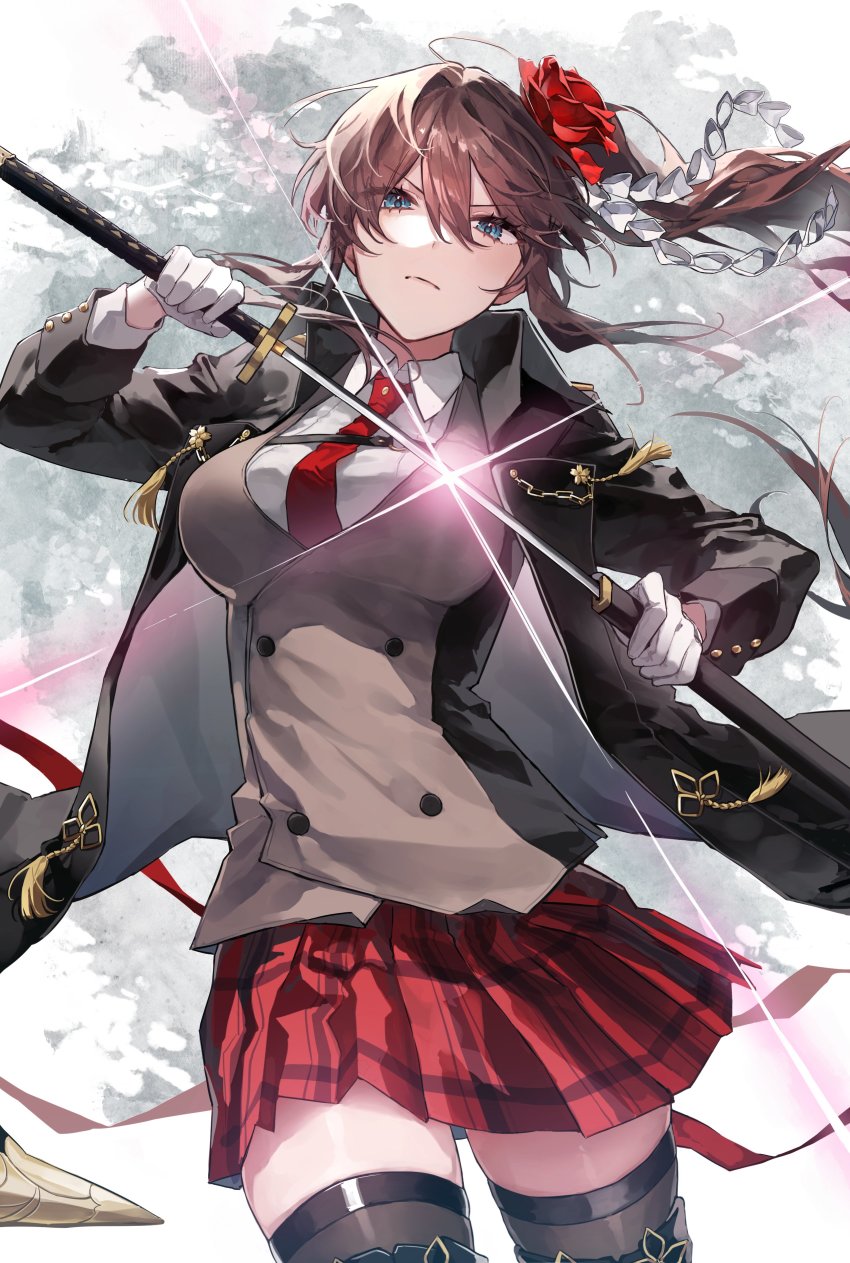 1girl, absurdres, action, ahoge, black_jacket, blue_eyes, breasts, brown_hair