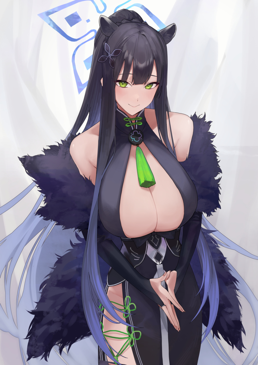 1girl, animal_ears, black_dress, black_hair, blue_archive, blue_hair, breasts, bridal_gauntlets, china_dress, chinese_clothes, cleavage, commentary, dress, green_eyes, hair_ornament, halo, highres, large_breasts, long_hair, looking_at_viewer, multicolored_hair, shun_(blue_archive), simple_background, sleeveless, sleeveless_dress, smile, solo, steepled_fingers, suna6080, tassel, tiger_ears, very_long_hair