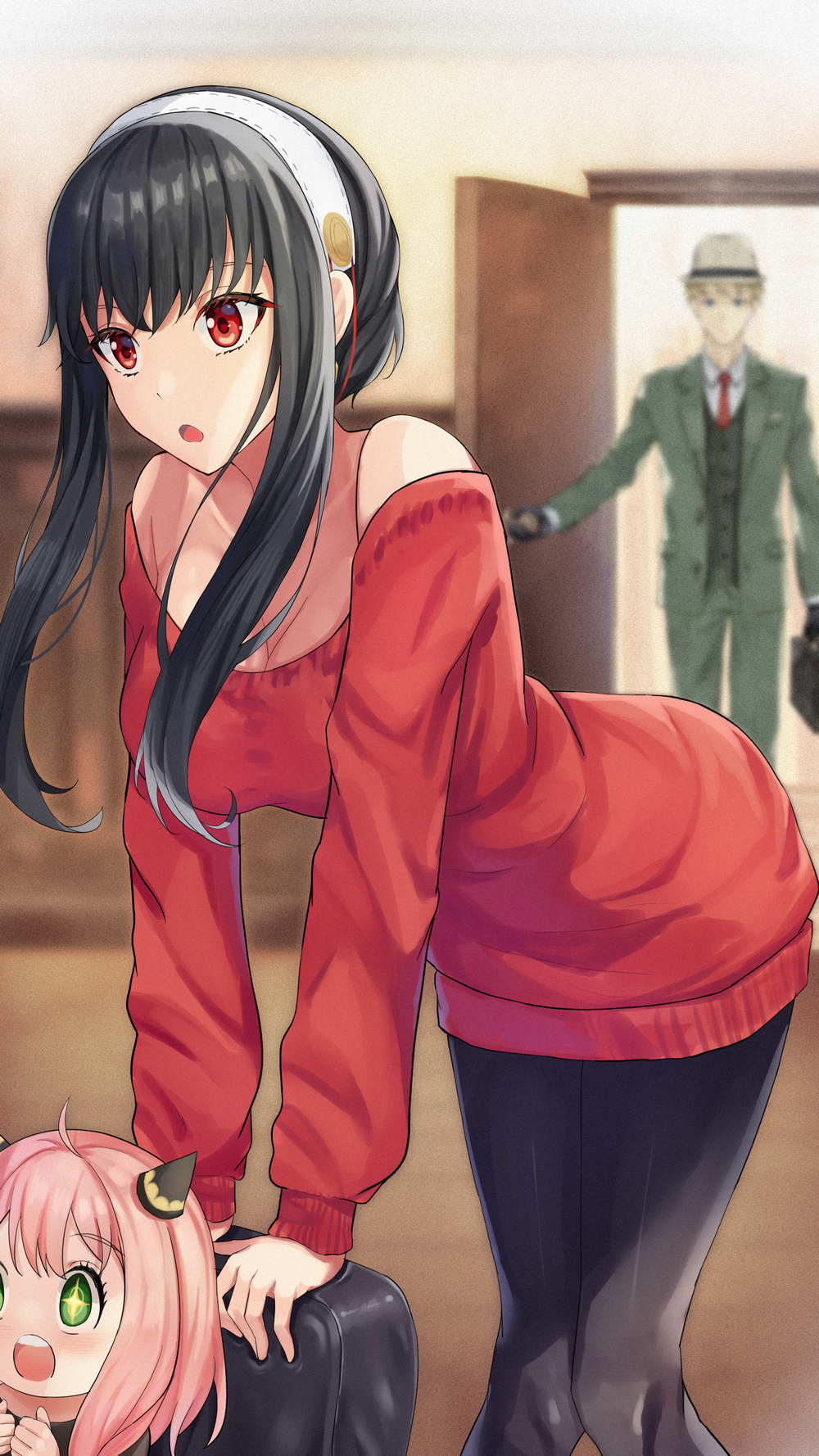 1boy, 2girls, :o, ahoge, anya_(spy_x_family), arm_support, awestruck, bare_shoulders