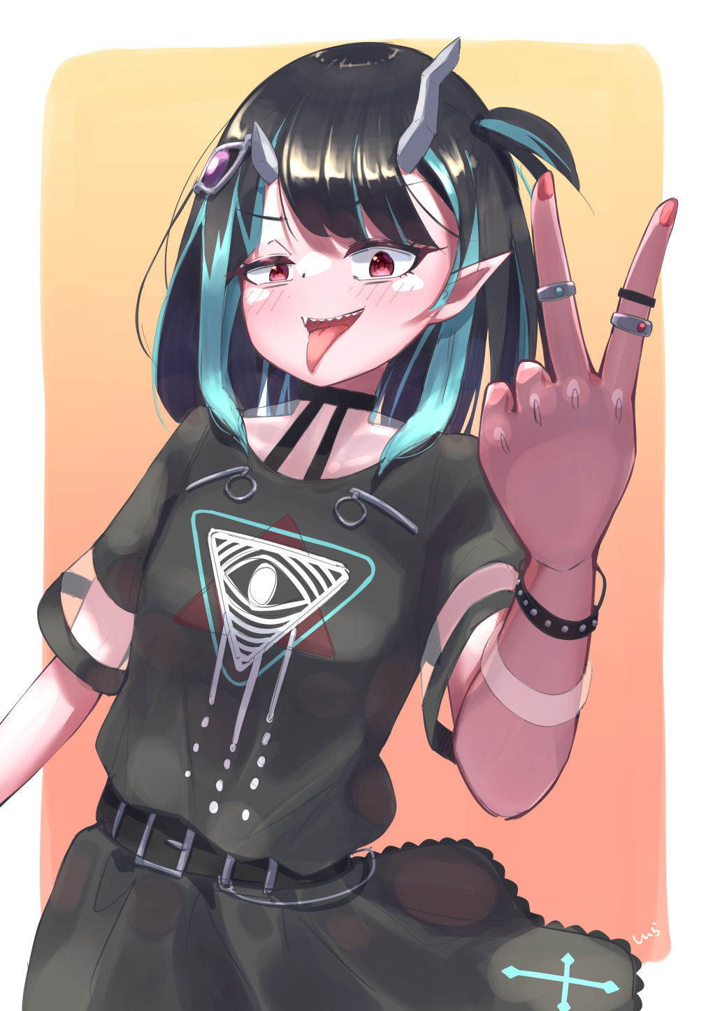 1girl, belt, black_belt, black_dress, black_hair, blue_hair, blush, carmi11la