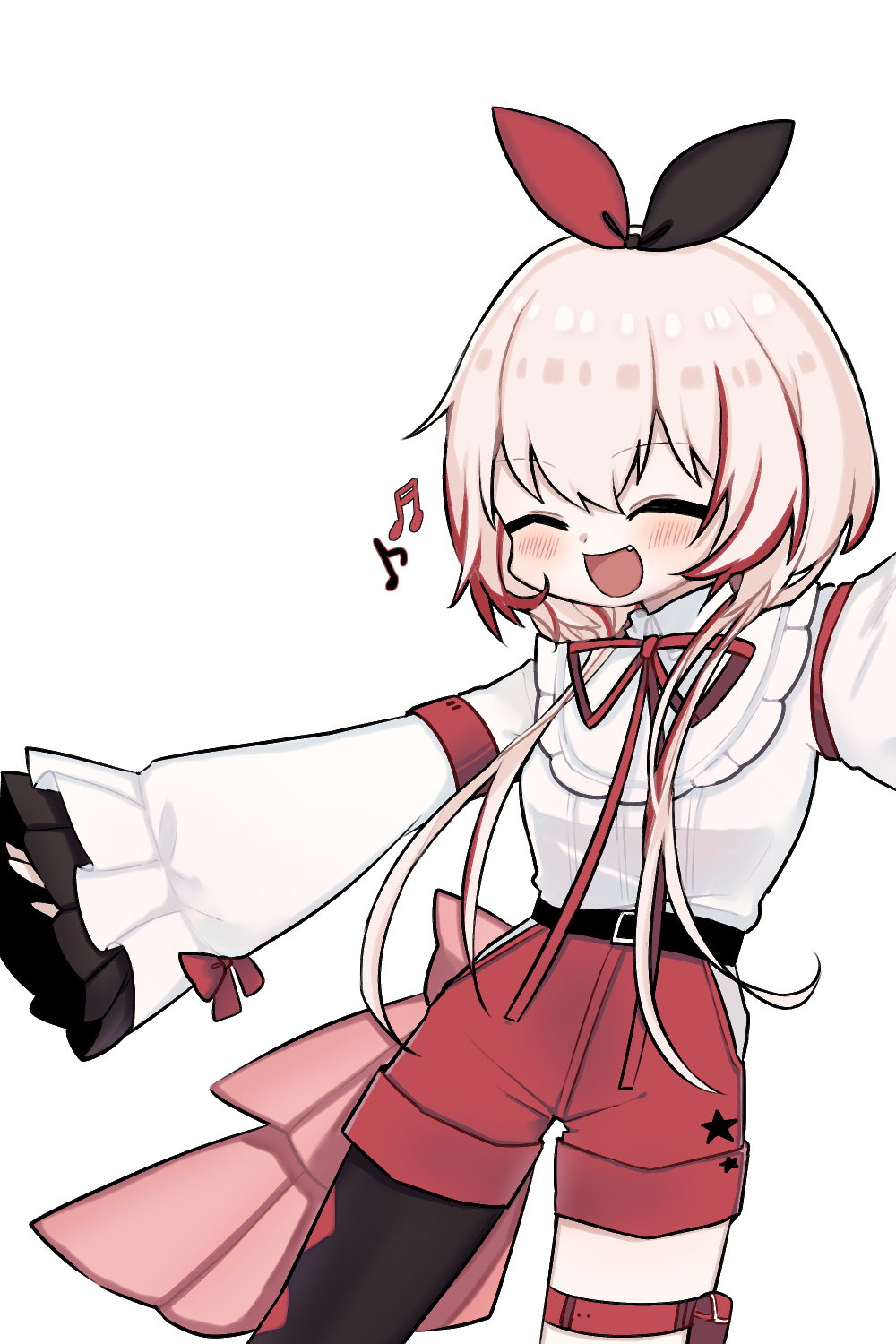 1girl, :d, ^_^, asymmetrical_legwear, beamed_sixteenth_notes, belt, black_belt, black_legwear, blush, closed_eyes, eighth_note, girls'_frontline, highres, long_hair, long_sleeves, m4_sopmod_ii_(girls'_frontline), m4_sopmod_ii_(the_guarded_beloved)_(girls'_frontline), mion_ing, multicolored_hair, musical_note, neck_ribbon, official_alternate_costume, open_mouth, pink_hair, red_hair, red_ribbon, red_shorts, ribbon, shirt, shorts, simple_background, smile, solo, star_(symbol), streaked_hair, thigh_strap, two-tone_bow, white_shirt, wide_sleeves