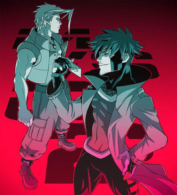 10s, 1990s_(style), 2boys, animification, bantrain, bare_shoulders, blonde_hair, bodysuit