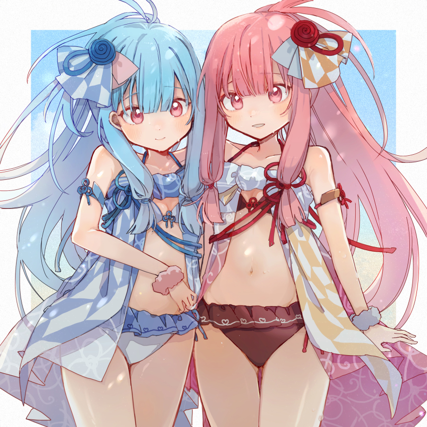 2girls, absurdres, bikini, bikini_under_clothes, blue_hair, breasts, dress, hair_ornament, highres, kotonoha_akane, kotonoha_aoi, long_hair, multiple_girls, navel, open_clothes, open_dress, pink_eyes, pink_hair, red_bikini, sayonaka_megumo, siblings, sisters, small_breasts, smile, sundress, swimsuit, thighs, twins, voiceroid, white_bikini