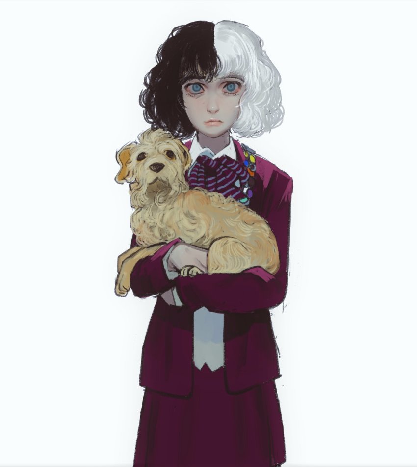 101_dalmatians, 1girl, animal, ascot, blue_eyes, child, closed_mouth, crudelia_(movie)