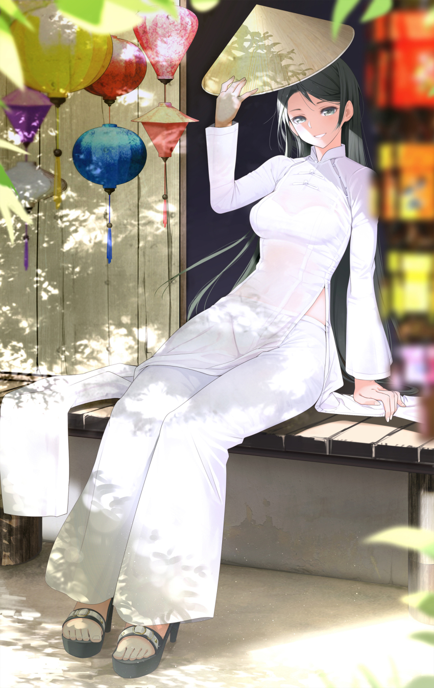 1girl, ao_dai, arm_support, black_eyes, black_hair, black_sandals, blurry, blurry_foreground