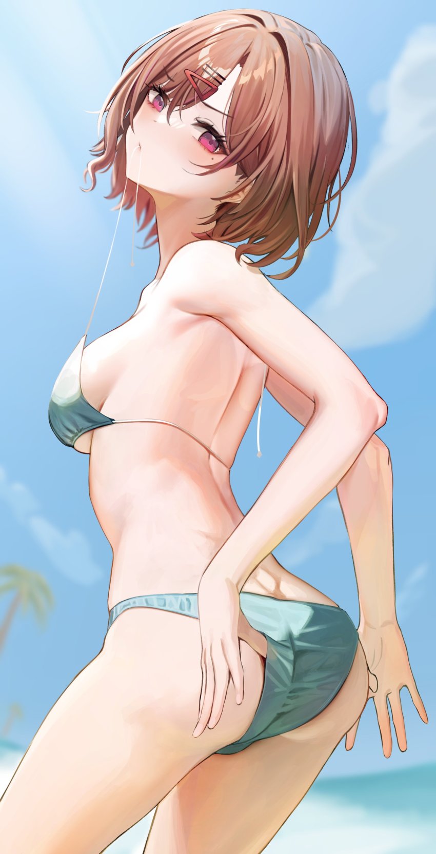 1girl, absurdres, amrita_(amber78gou), ass, bare_shoulders, beach, bikini, blue_sky