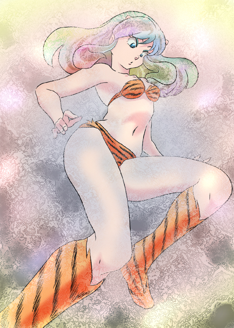 animal_print, bad_id, bad_pixiv_id, bikini, boots, horns, lum, multicolored_hair