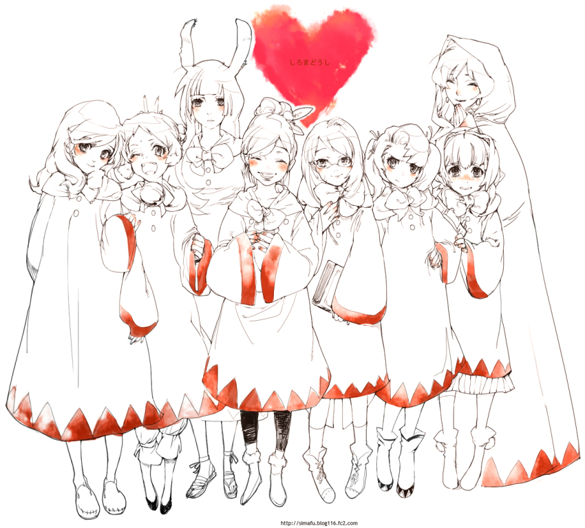 6+girls, animal_ears, bad_id, bad_pixiv_id, blush, bunny_ears_prank, final_fantasy, glasses, heart, hood, jyl, monochrome, multiple_girls, pantyhose, rabbit_ears, red_theme, robe, spot_color, white_mage_(final_fantasy)
