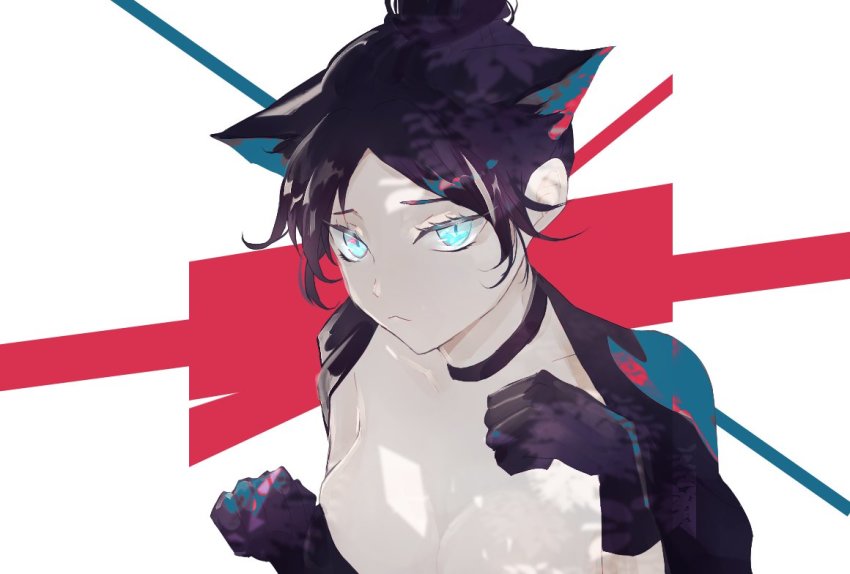 1girl, animification, apex_legends, bad_id, bad_twitter_id, black_gloves, black_jacket, blue_eyes, breasts, cat_girl, cleavage, collarbone, gloves, hair_behind_ear, hair_bun, jacket, jacket_on_shoulders, kemonomimi_mode, no_nipples, parted_bangs, paw_pose, ping_(ping7_), portrait, single_hair_bun, solo, wraith_(apex_legends)