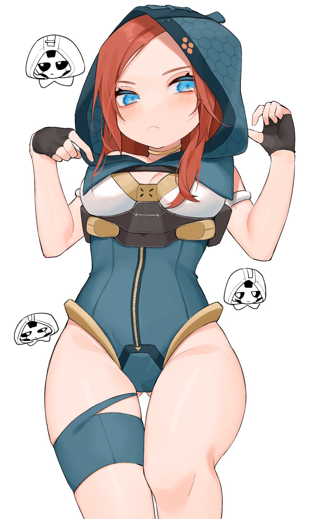 1girl, animification, apex_legends, ash_(titanfall_2), ash_(titanfall_2)_(cosplay), ashleigh_reid, black_gloves, blue_eyes, blue_leotard, blush, breasts, brown_choker, choker, cleavage_cutout, clothing_cutout, cosplay, fingerless_gloves, frown, gloves, gluteal_fold, head_tilt, highres, hood, hood_up, hooded_leotard, leotard, looking_at_viewer, medium_breasts, nagoooon_114, orange_hair, solo, thigh_strap, white_background