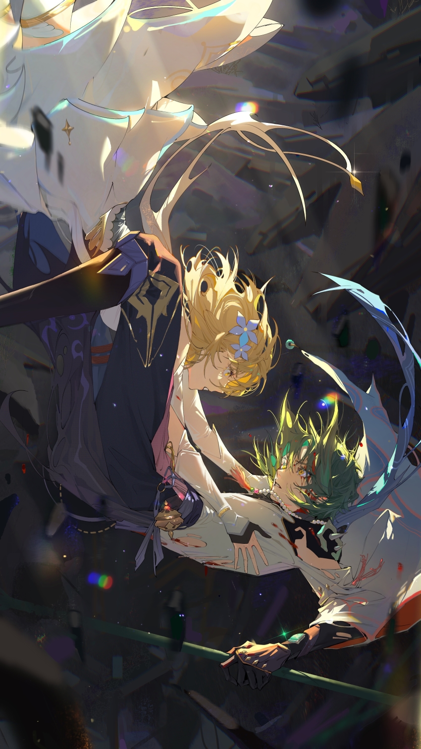 1boy, 1girl, absurdres, bead_necklace, beads, black_footwear, black_gloves, bleeding, blonde_hair, blood, blood_on_face, blue_panties, boots, chinese_commentary, commentary_request, detached_sleeves, dress, eye_contact, falling, feet_out_of_frame, flower, genshin_impact, gloves, green_hair, hair_flower, hair_ornament, highres, holding, holding_polearm, holding_weapon, jewelry, knee_boots, lens_flare, light_particles, light_rays, looking_at_another, lumine_(genshin_impact), mi_zhang, necklace, outstretched_arms, panties, polearm, reaching, shirt, short_hair, sunbeam, sunlight, torn_clothes, underwear, weapon, white_dress, white_shirt, xiao_(genshin_impact), yellow_eyes