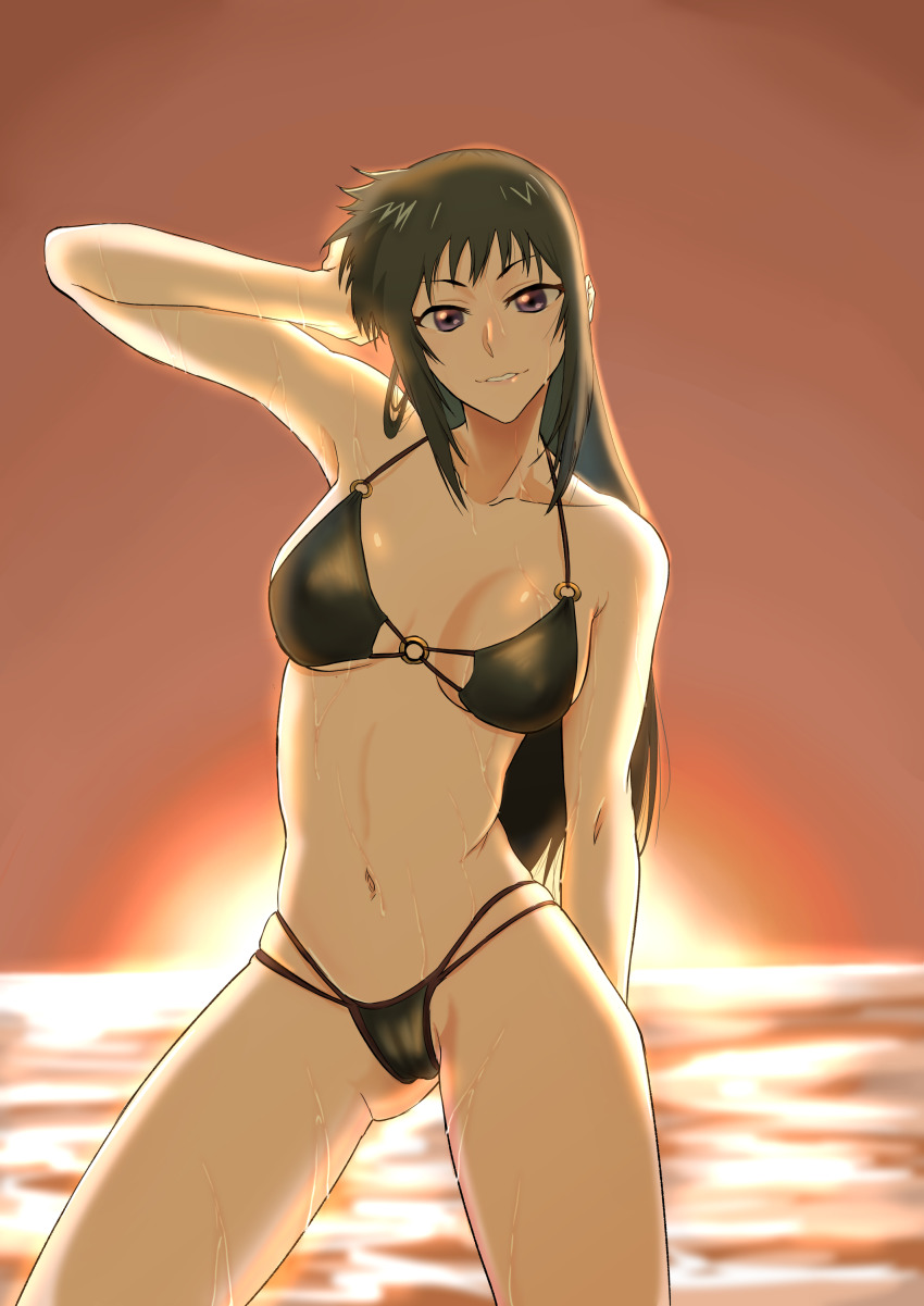 1girl, absurdres, ankokudzura_no_kuma-san, arm_up, bikini, black_bikini, black_eyes, black_hair, breasts, gluteal_fold, highres, kawaii_dake_ja_nai_shikimori-san, navel, nekozaki_kyou, o-ring, outdoors, small_breasts, solo, standing, sunset, swimsuit, water, wet