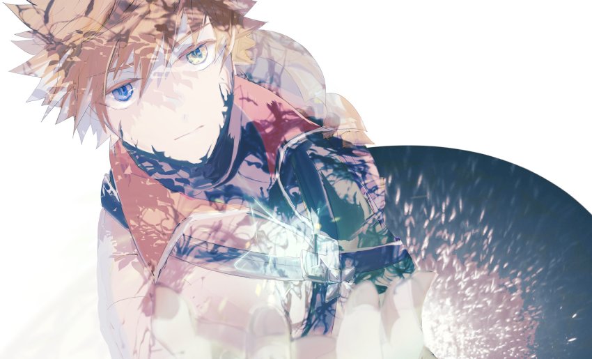 1boy, armor, blonde_hair, blue_eyes, from_above, green_eyes, heterochromia, highres, jacket, kingdom_hearts, kingdom_hearts_birth_by_sleep, looking_at_viewer, looking_up, male_focus, open_hand, ping_(ping7_), shoulder_armor, sitting, solo, ventus_(kingdom_hearts), white_jacket