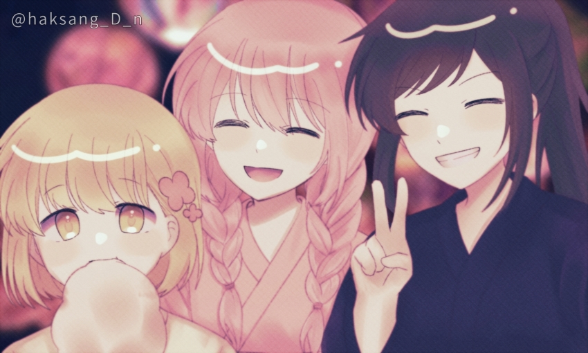 3girls, :d, black_hair, blonde_hair, blurry, blurry_background, braid, cotton_candy