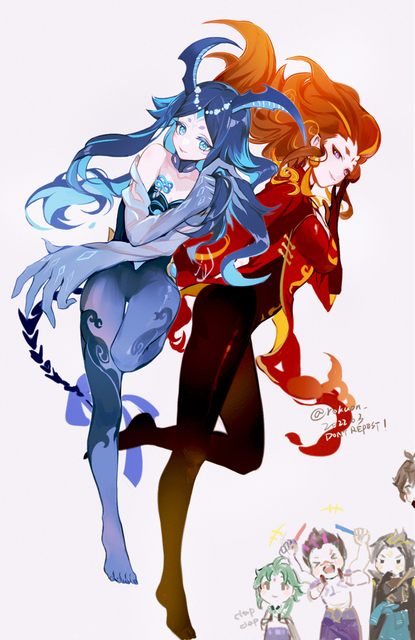 2girls, 4boys, artist_name, beads, blue_eyes, blue_horns, bonanus_(genshin_impact), bosacius_(genshin_impact), breasts, cheering, closed_mouth, dated, detached_sleeves, dress, extra_arms, closed_eyes, facial_mark, feet, fiery_hair, forehead_mark, genshin_impact, gloves, green_gloves, green_hair, highres, hikimayu, horns, indarias_(genshin_impact), long_hair, looking_at_another, looking_at_viewer, menogias_(genshin_impact), multicolored_hair, multiple_boys, multiple_girls, pants, purple_eyes, purple_pants, rokuon, soles, streaked_hair, tattoo, xiao_(genshin_impact), zhongli_(genshin_impact)