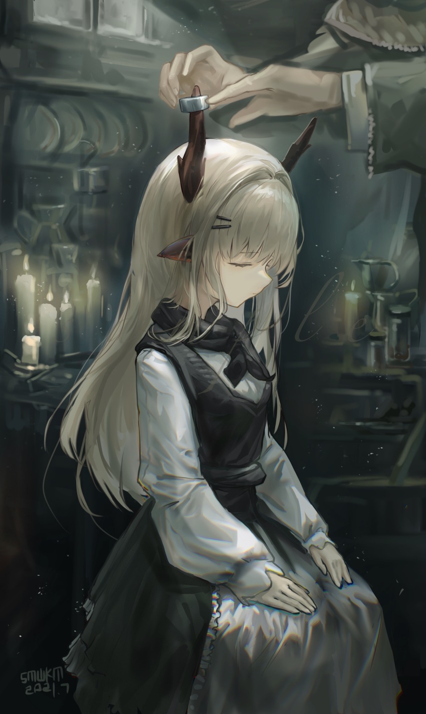 1girl, 1other, absurdres, aged_down, alina_(arknights), animal_ears, antler_ring, antlers