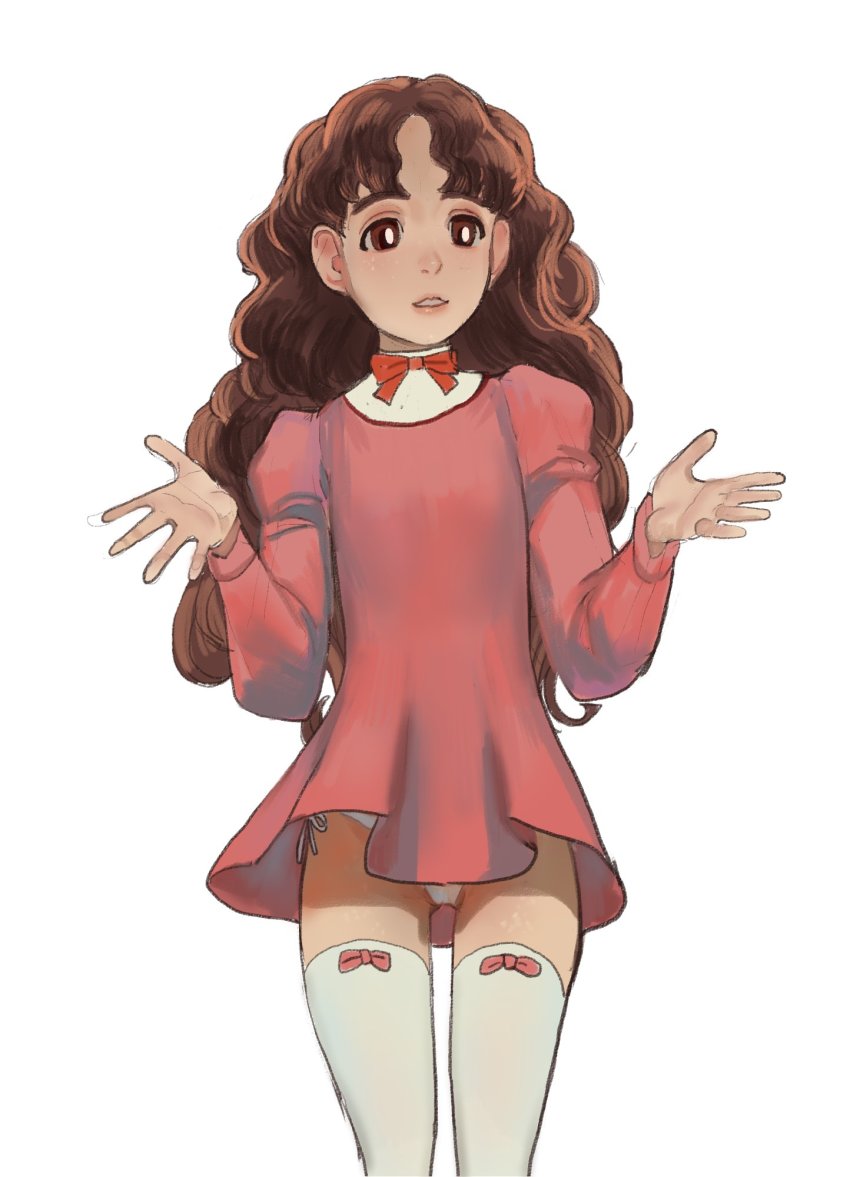 1girl, bow, bow_legwear, bowtie, brown_hair, copyright_request, cowboy_shot, dress, hands_up, highres, juliet_sleeves, long_hair, long_sleeves, mossacannibalis, panties, panty_peek, pantyshot, parted_lips, pink_dress, princess_maker_(series), princess_maker_2, puffy_sleeves, red_bow, red_bowtie, short_dress, simple_background, smile, solo, thighhighs, underwear, white_background, white_panties, white_thighhighs