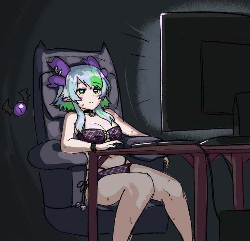 1girl, apricot_the_lich, at_computer, bikini, blank_stare, breasts, bsapricot, chair