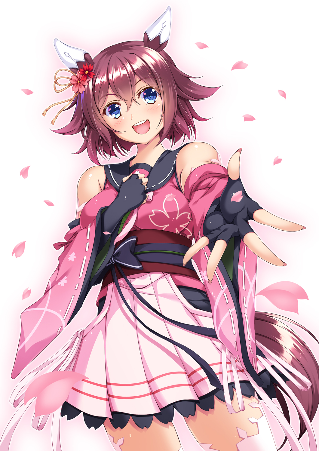 1girl, animal_ears, asanuma_katsuaki, blue_eyes, breasts, detached_sleeves, flower, hair_between_eyes