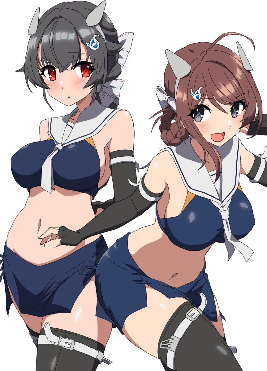 2girls, ahoge, black_gloves, black_hair, black_legwear, blue_skirt, braid, braided_hair_rings, breasts, brown_hair, chougei_(kancolle), comala_(komma_la), commentary_request, cosplay, crop_top, elbow_gloves, fake_horns, fingerless_gloves, gloves, gradient_neckerchief, grey_eyes, hair_flaps, hair_ornament, hair_rings, hairclip, headgear, highres, horned_headwear, horns, i-201_(kancolle), i-201_(kancolle)_(cosplay), i-203_(kancolle), i-203_(kancolle)_(cosplay), jingei_(kancolle), kantai_collection, large_breasts, long_hair, low_ponytail, midriff, multiple_girls, neckerchief, pencil_skirt, ponytail, red_eyes, sailor_collar, simple_background, single_braid, skirt, sleeveless, thighhighs, twin_braids, white_background, white_neckerchief, white_sailor_collar