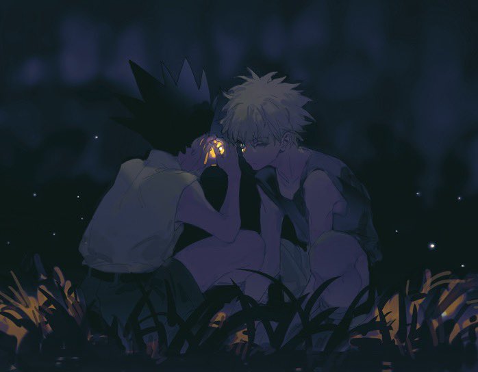 2boys, arms_between_legs, bare_shoulders, belt, black_hair, collared_shirt, cupping_hands, field, fireflies, glowing, gon_freecss, grass, green_shorts, hands_up, hunter_x_hunter, killua_zoldyck, male_focus, multiple_boys, nature, night, one_eye_closed, outdoors, own_hands_together, shirt, shorts, sleeveless, sleeveless_shirt, spiked_hair, squatting, starstruckdon, tank_top, white_hair