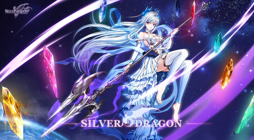 1girl, bare_shoulders, barefoot, collar, crystal, douluo_dalu, dress, gu_yuena, hair_ornament, long_hair, longwang_chuanshuo_gu_yue_na_tongren_zhuye, looking_to_the_side, no_shoes, polearm, solo, spear, thighhighs, weapon, white_dress