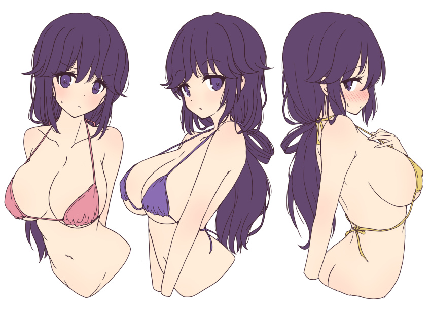 1girl, arms_behind_back, bikini, bikini_top_only, blush, breasts, collarbone, flat_color