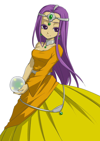 1girl, choker, chunsoft, circlet, crystal_ball, dark-skinned_female, dark_skin, dragon_quest