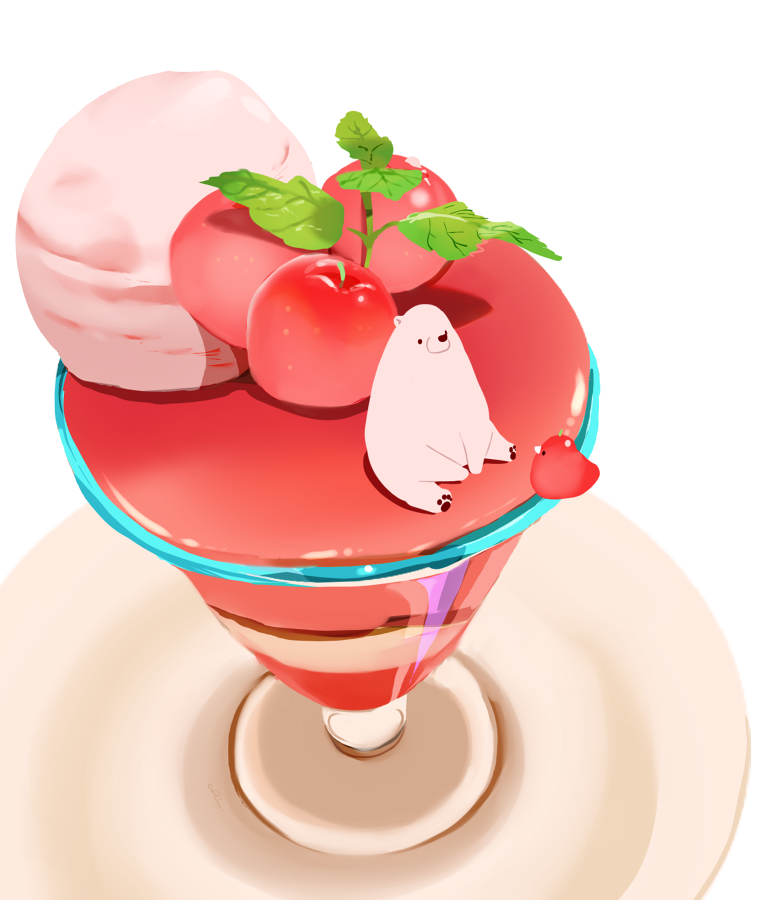 bear, chai_(drawingchisanne), food, food_focus, fruit, glass, ice_cream, no_humans