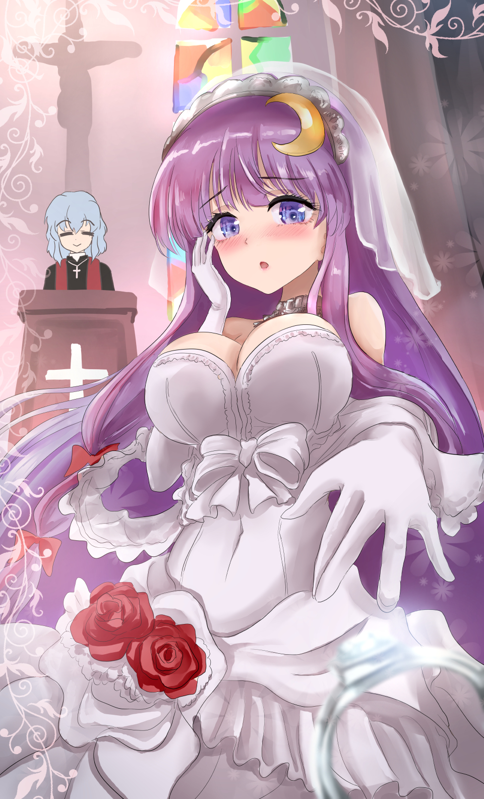 2girls, blunt_bangs, blush, breasts, bridal_veil, bride, catholic, church, crescent, crescent_hair_ornament, cross, cross_necklace, dress, elbow_gloves, flower, gloves, hair_ornament, highres, jewelry, large_breasts, latin_cross, long_hair, looking_at_viewer, multiple_girls, namiki_(remiter00), necklace, open_mouth, patchouli_knowledge, priest, purple_eyes, purple_hair, remilia_scarlet, ring, rose, smile, strapless, strapless_dress, touhou, veil, very_long_hair, wedding, wedding_band, wedding_dress, white_dress, white_gloves