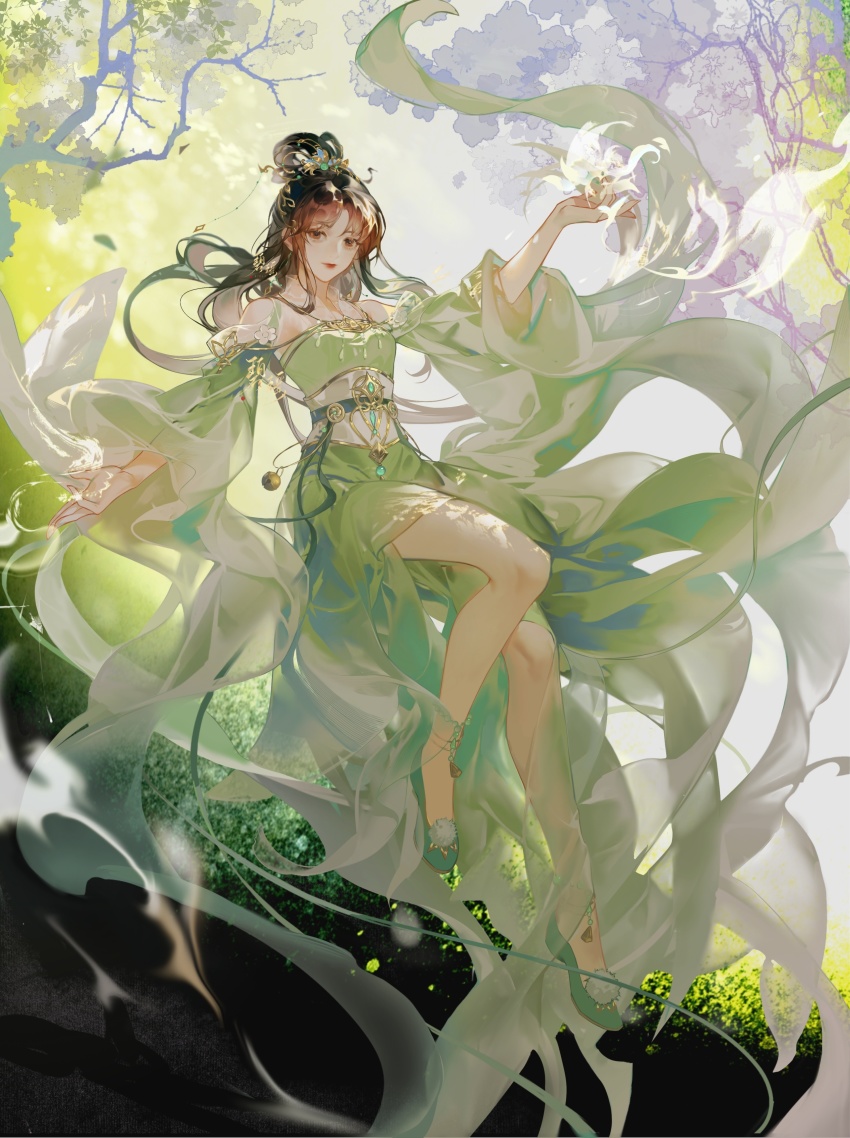1girl, absurdres, anklet, bare_legs, bare_shoulders, bi_yao_(zhu_xian), brown_hair, dress, green_dress, hair_ornament, hair_rings, high_heels, highres, hua_xia_mingyue, jewelry, long_hair, looking_down, outstretched_hand, sash, solo, zhu_xian
