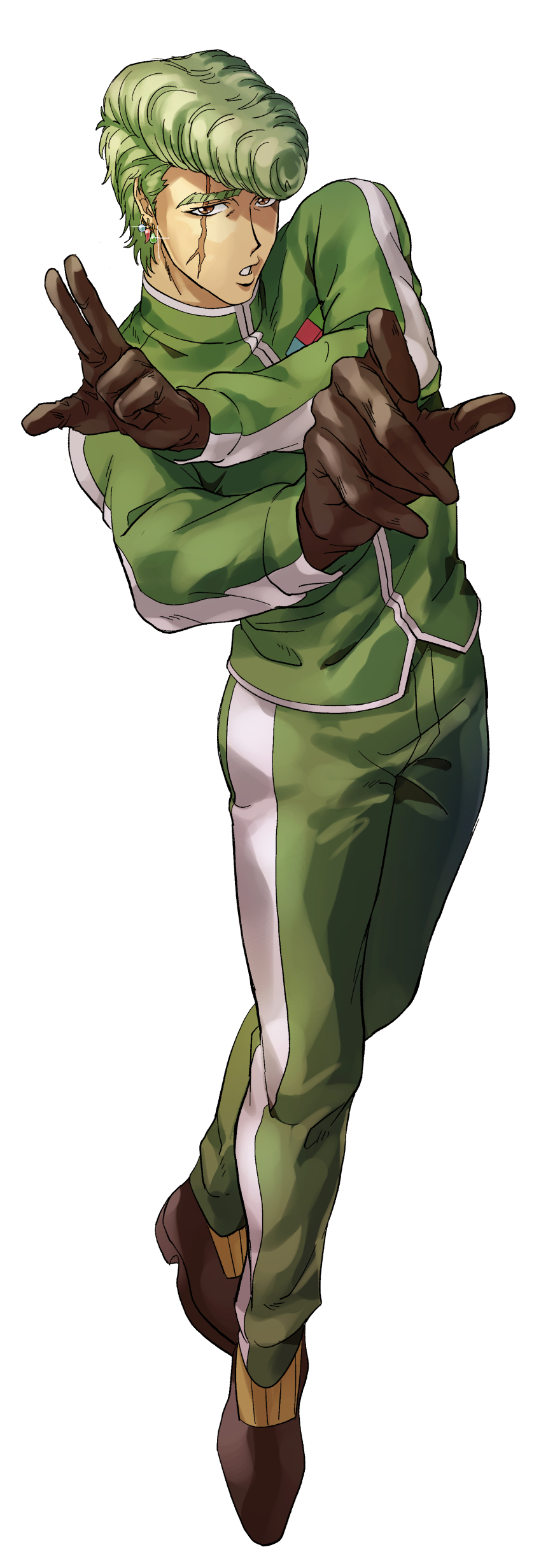 1boy, absurdres, brown_eyes, brown_footwear, brown_gloves, earrings, full_body, gloves, green_hair, green_jacket, green_pants, highres, jacket, jewelry, male_focus, open_mouth, pants, pompadour, scar, scar_across_eye, scar_on_face, solo, teppei_(toriko), thick_eyebrows, toriko_(series), wakana_kuraguchi, white_background