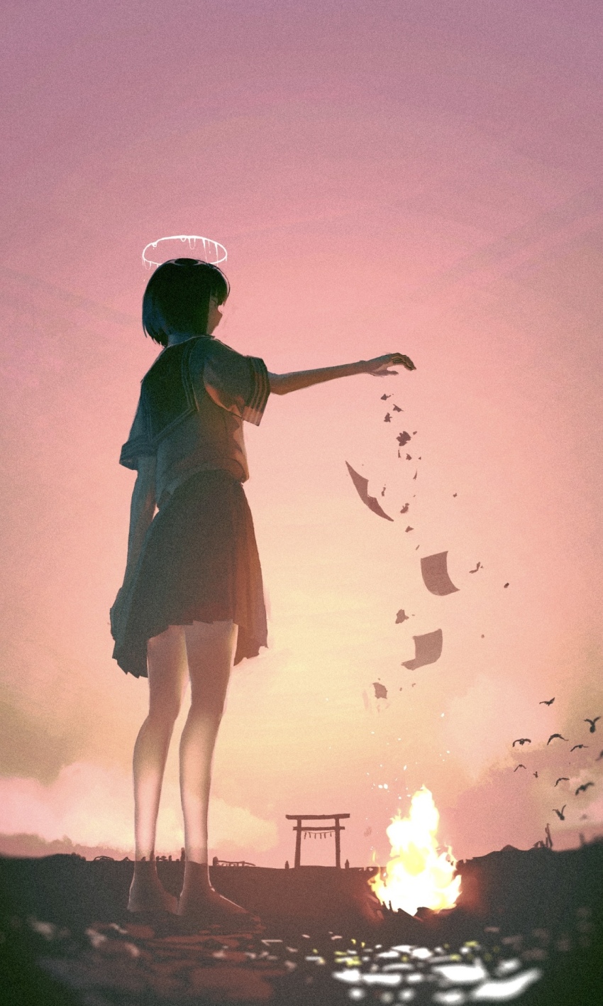 1girl, barefoot, bird, black_hair, cloud, cloudy_sky, facing_away, fire, flock, full_body, halo, highres, liquid_halo, melting_halo, natari, orange_sky, original, outstretched_arm, paper, pleated_skirt, sailor_collar, school_uniform, serafuku, shirt, short_hair, short_sleeves, skirt, sky, standing, thighs, torii, white_shirt