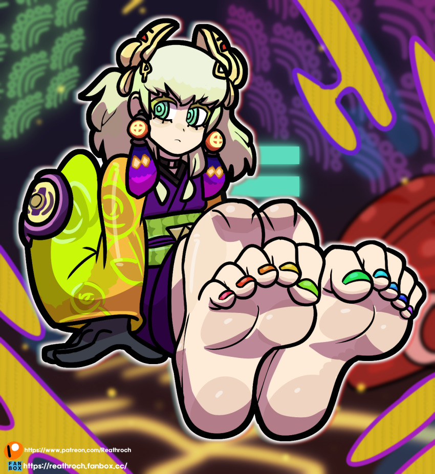 1boy, feet, foot_focus, green_eyes, green_hair, highres, japanese_clothes, kimono, male_focus, nail_polish, noh-p.u.n.k._ze_amin, reathroch, soles, toe_scrunch, toenail_polish, toenails, toes, trap, yu-gi-oh!, yu-gi-oh!_duel_monsters