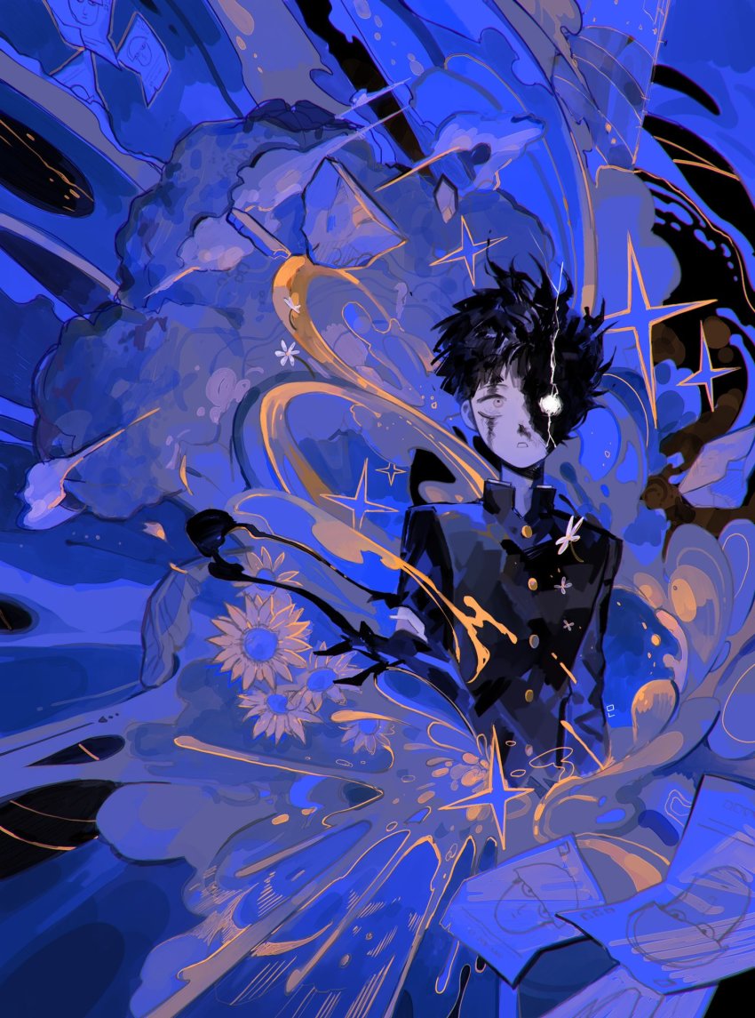 1boy, abstract, black_hair, dust, dust_cloud, electricity, explosion, flower, grey_eyes, heterochromia, highres, kageyama_shigeo, male_focus, mob_psycho_100, mong_120, no_pupils, paper, rock, school_uniform, scratches, shaded_face, signature, solo, sparkle, sunflower, white_eyes, white_flower