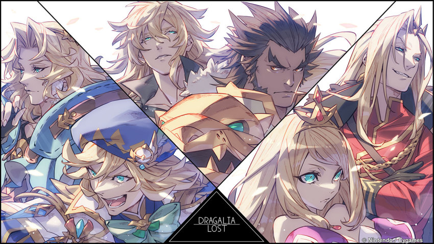 1girl, alberius_(dragalia_lost), aqua_eyes, bare_shoulders, beret, black_gloves, blonde_hair, brown_eyes, brown_hair, chelle_(dragalia_lost), dark-skinned_male, dark_skin, dragalia_lost, dress, emile_(dragalia_lost), evil_smile, gem, gloves, hat, leonidas_(dragalia_lost), long_hair, looking_to_the_side, official_art, petals, phares_(dragalia_lost), pink_dress, princess, smile, tiara, valyx_(dragalia_lost), wavy_hair