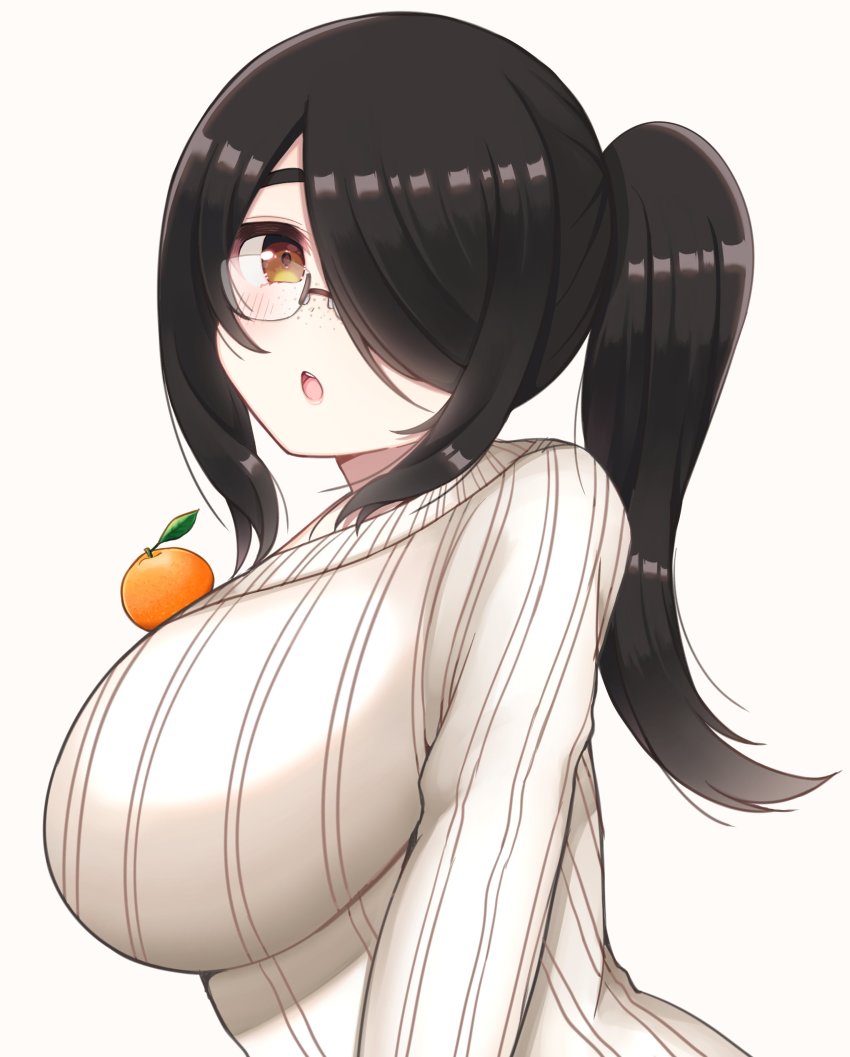 1girl, :o, absurdres, black_hair, breasts, brown_eyes, brown_sweater, food