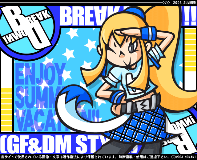 00s, 1girl, 2003, amamon, belt, bemani, black_eyes, black_legwear, blonde_hair, blue_shirt, blue_skirt, bracelet, commentary, gitadora, ear_piercing, hand_on_own_hip, jewelry, konami, kosaka_riyu, long_hair, lowres, official_art, one_eye_closed, piercing, plaid_clothes, plaid_skirt, ponytail, shirt, skirt, solo, song_name, summer, wink