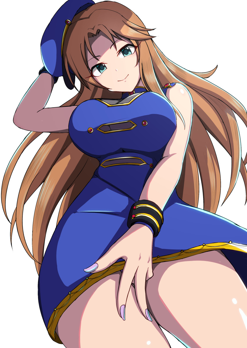 1girl, absurdres, blue_dress, blue_napoleon_(idolmaster), breasts, brown_hair, newsboy_cap, dress, forehead, from_below, gotokawa_meguro, hat, highres, idolmaster, idolmaster_cinderella_girls, large_breasts, long_hair, looking_at_viewer, looking_down, matsumoto_sarina, nail_polish, parted_bangs, simple_background, sleeveless, sleeveless_dress, smile, solo, straight_hair, very_long_hair, w, white_background