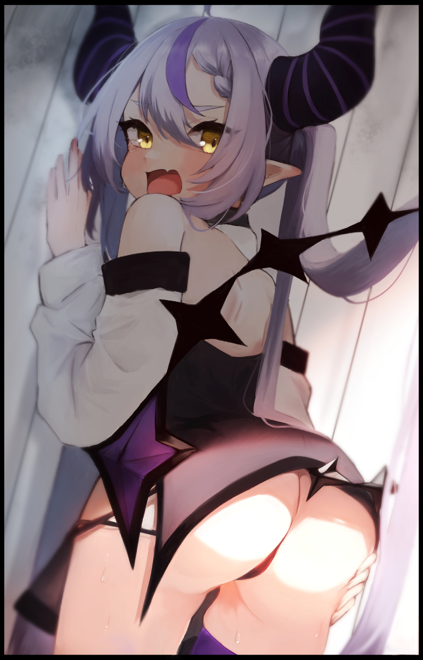 1girl, absurdres, against_wall, ass, black_dress, black_panties, braid, demon_horns, detached_sleeves, dress, from_behind, grey_hair, hand_on_own_ass, highres, hololive, horns, la+_darknesss, long_hair, looking_back, mashiro_io, multicolored_hair, open_mouth, panties, pointy_ears, purple_thighhighs, short_dress, single_thighhigh, solo, streaked_hair, tears, thighhighs, thighs, twintails, underwear, very_long_hair, virtual_youtuber, white_sleeves, yellow_eyes