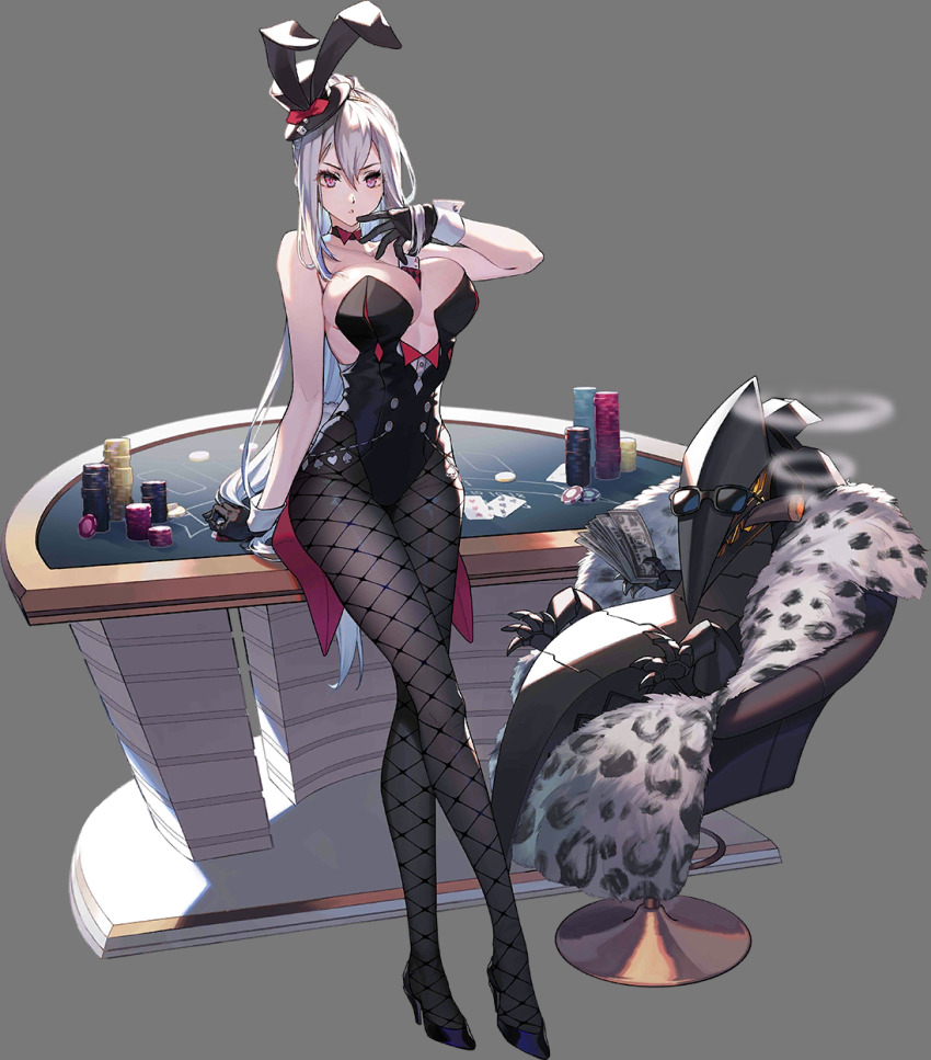 1girl, 1other, animal_hat, animal_print, banknote, between_breasts, breasts, chair, coat, cuffs, fishnet_legwear, fishnets, fur_coat, gloves, hat, high_heels, highres, iron_saga, large_breasts, leotard, linda_(iron_saga), money, official_alternate_costume, official_art, playboy_bunny, poker, poker_chip, poker_table, rabbit_hat, red_eyes, table, top_hat, tuxedo_leotard, tyrfing_(iron_saga), zebra_print