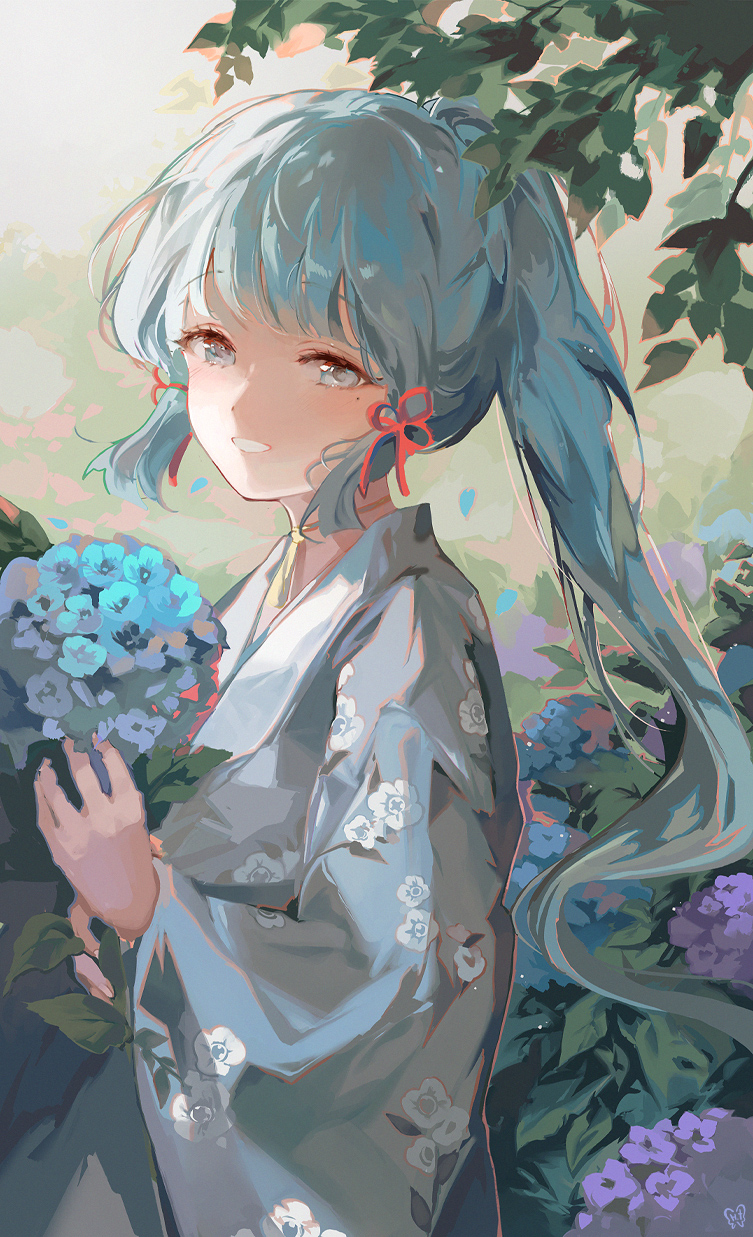 1girl, ayaka_(genshin_impact), blue_eyes, blue_hair, blue_kimono, blunt_bangs, floral_print, flower
