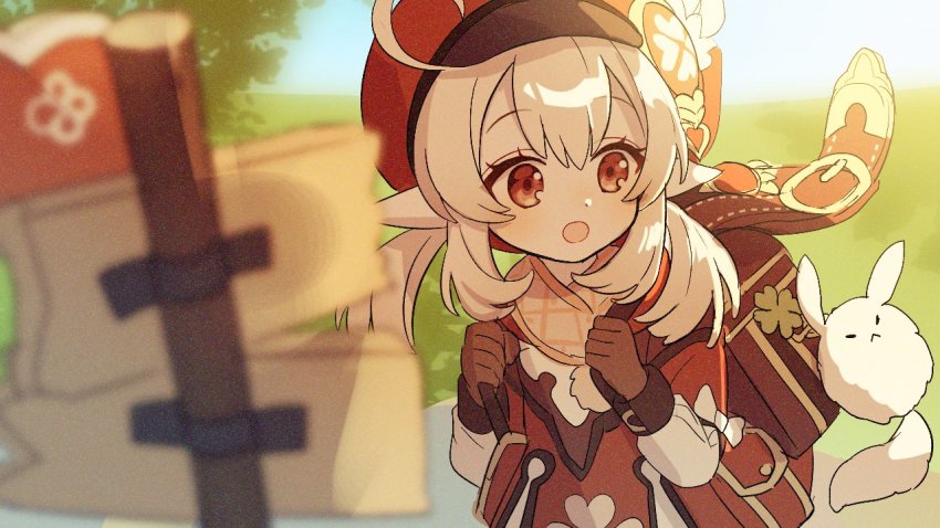 1girl, :o, ahoge, bag, blonde_hair, newsboy_cap, child, dodoco_(genshin_impact)