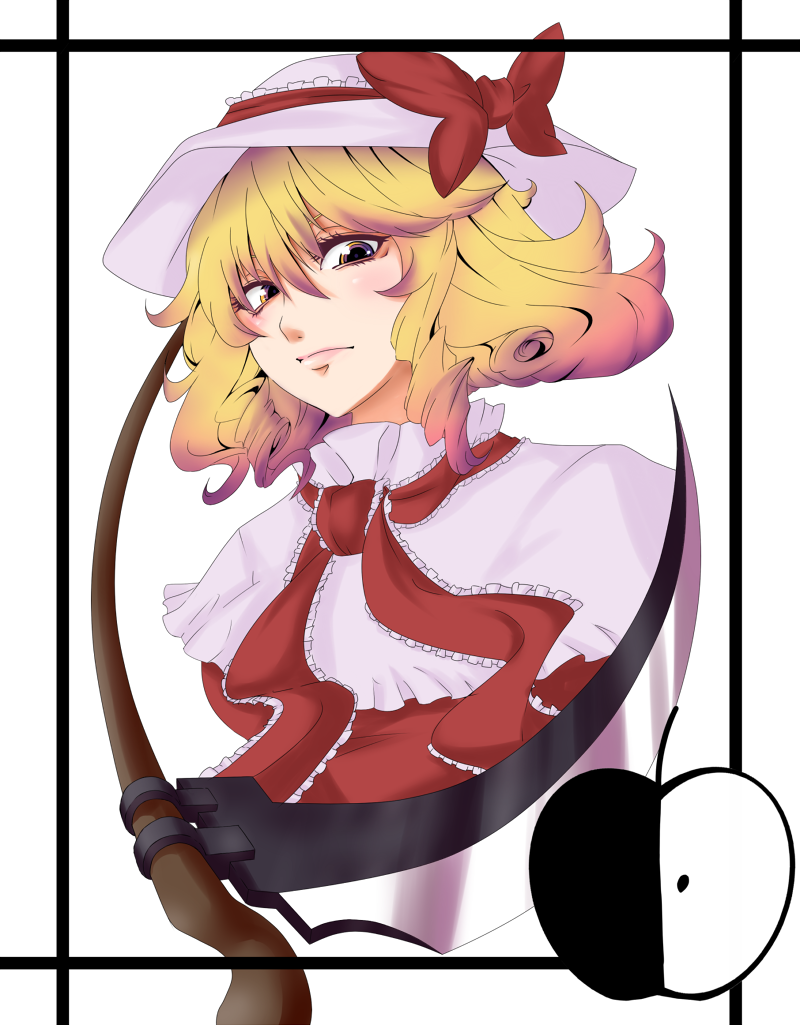 1girl, apple, bad_id, bad_pixiv_id, blonde_hair, brown_eyes, elly_(touhou), female_focus, food, fruit, hat, lotus_land_story, midoridama, ribbon, scythe, short_hair, solo, touhou, touhou_(pc-98)