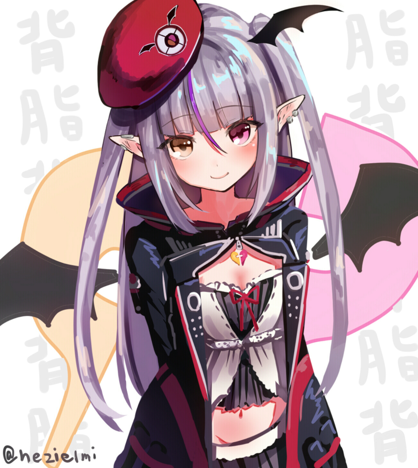 1girl, demon_girl, hat, heterochromia, highres, long_hair, looking_at_viewer, mayoi_sakyu, multicolored_hair, nezielmi, pointy_ears, purple_eyes, purple_hair, red_hat, solo, vgaming, virtual_youtuber