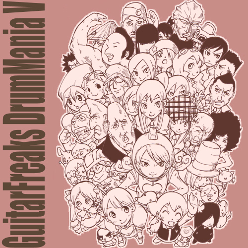 00s, bemani, cat, copyright_name, cosmo_(gitadora), dog, gitadora, group_picture, jet_coaster_girl, komatsu_yoma, kosaka_riyu, looking_at_viewer, lowres, maehara_shiyuna, mtk, multiple_boys, multiple_girls, plum_(gitadora), rose_(gitadora), seiron, shiraishi_noria