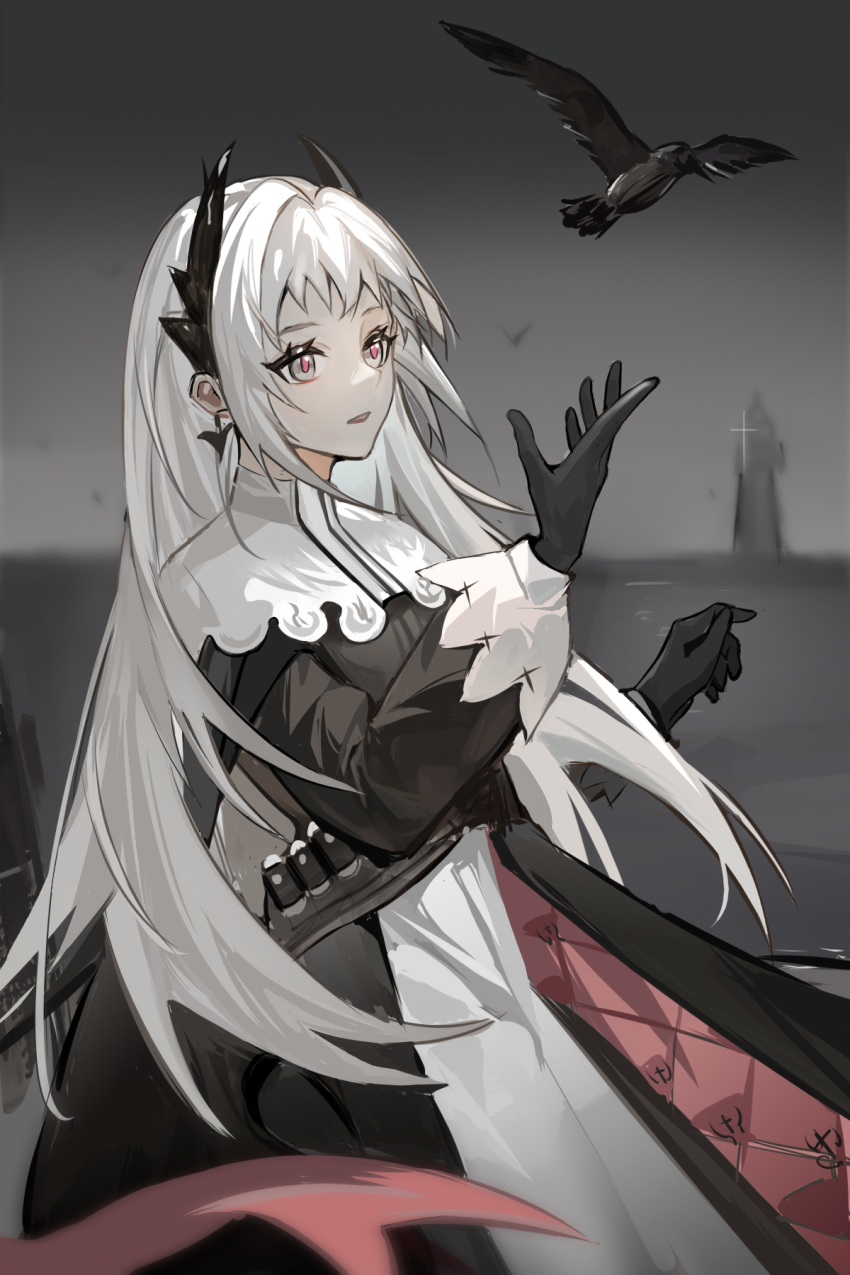 1girl, arknights, bandolier, belt, bird, black_bird, black_cape, black_dress