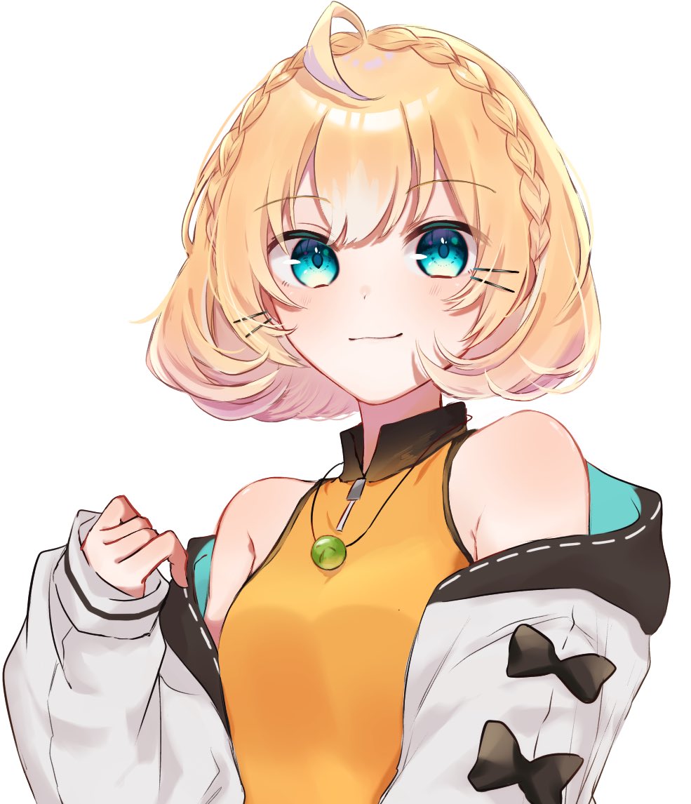 1girl, ahoge, aqua_eyes, bare_shoulders, blonde_hair, blue_eyes, braid, crown_braid