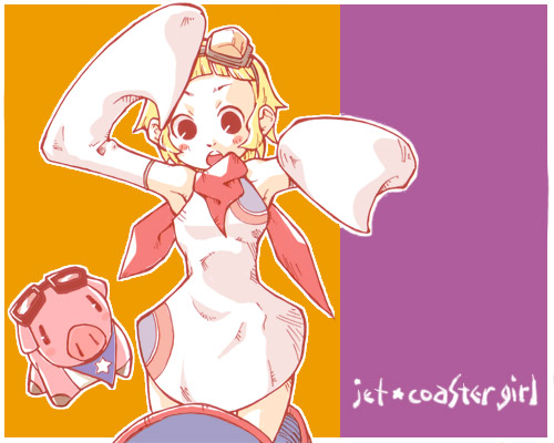 00s, 1girl, :o, bandana, bemani, black_eyes, blonde_hair, blunt_bangs, character_name, dress, gitadora, goggles, goggles_on_head, jet_coaster_girl, long_sleeves, lowres, mtk, orange_background, pig, purple_background, short_hair, simple_background, sleeves_past_fingers, sleeves_past_wrists, song_name, two-tone_background, white_dress