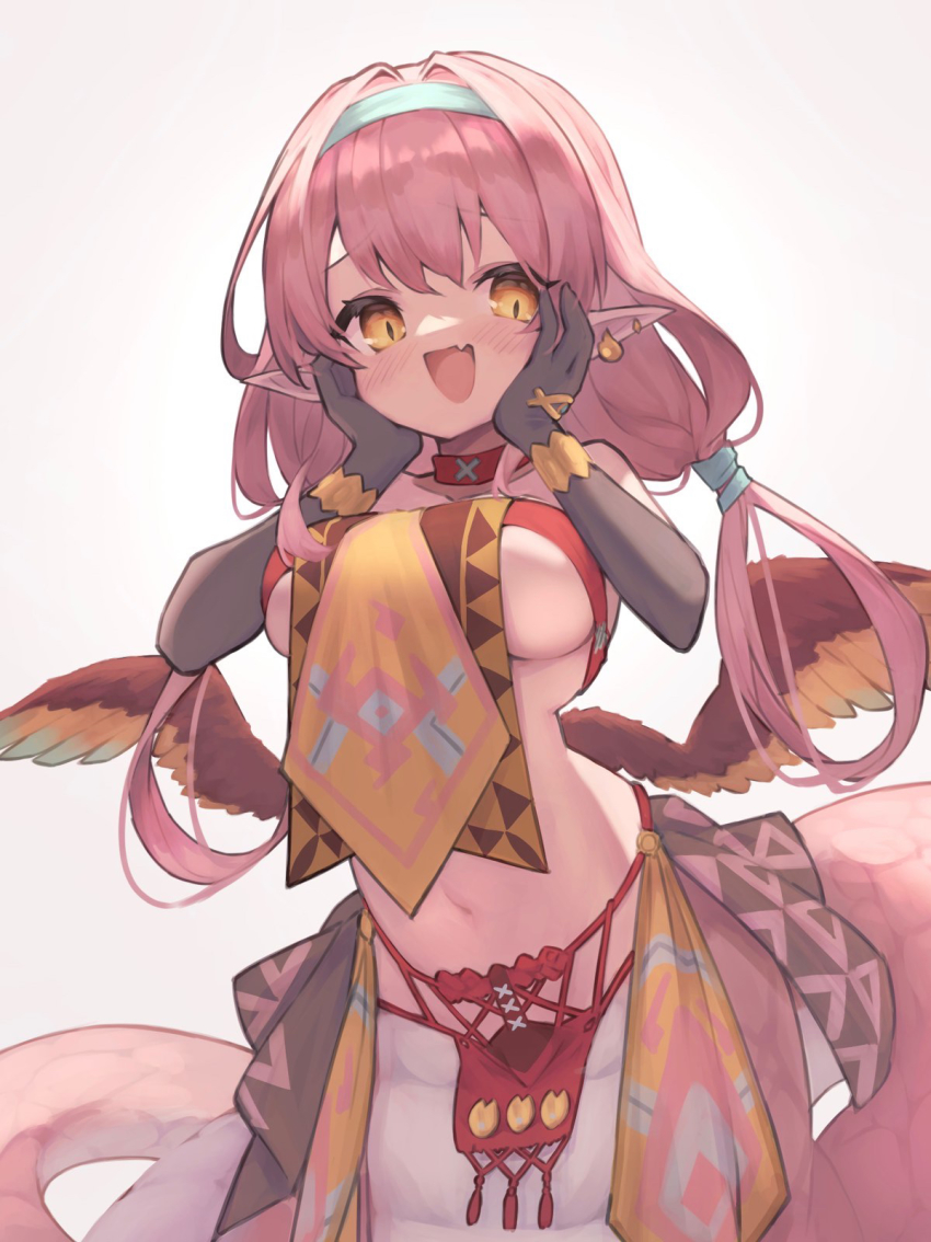 1girl, :d, bare_shoulders, black_gloves, blush, breasts, character_request, collarbone, commentary_request, earrings, elbow_gloves, feathered_wings, gloves, hair_between_eyes, hair_tubes, hairband, hands_on_own_cheeks, hands_on_own_face, highres, jewelry, lamia, long_hair, looking_at_viewer, low_twintails, medium_breasts, monster_girl, monster_musume_td, navel, open_mouth, orange_eyes, pink_hair, pointy_ears, sidelocks, simple_background, sleeveless, smile, solo, stomach, tomisaka_yorui, twintails, underboob, white_background, wings